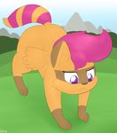  equine female friendship_is_magic frown fur hair hybrid lamiaaaa mammal my_little_pony orange_fur outside pegasus purple_eyes purple_hair raccoon scootaloo_(mlp) solo wings 