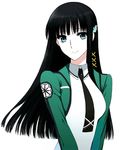  aqua_eyes black_hair black_neckwear blue_eyes hair_ornament lips long_hair mahouka_koukou_no_rettousei necktie sbs school_uniform shiba_miyuki simple_background smile solo white_background 