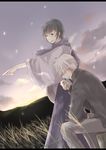  1girl black_hair field ginko japanese_clothes kujimaru mushishi nature outdoors pointing short_hair sky smoking tanyuu_karibusa white_hair 