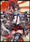  breasts brown_hair bullet cannon covered_nipples crossed_legs detached_sleeves from_below headgear highres kanji kantai_collection large_breasts leg_garter lips long_hair long_ponytail microskirt mugenshiki outstretched_arm outstretched_hand ponytail red_eyes skirt smile solo standing thighhighs turret umbrella very_long_hair weapon yamato_(kantai_collection) 