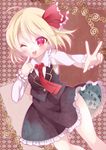  blonde_hair finger_to_cheek hair_ribbon kokorominton long_sleeves necktie one_eye_closed pink_eyes red_neckwear ribbon rumia shirt skirt skirt_set smile solo tongue tongue_out touhou v vest 