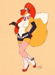  big_breasts boots breasts canine clothed clothing cosplay female fluffy_tail fox fur hair legwear looking_at_viewer mammal orange_fur ponytail red_hair scarf skimpy smile solo starfighter stockings tengen_toppa_gurren_lagann topless white_fur yellow_eyes yoko_littner 