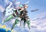  arm_cannon bare_shoulders blue_eyes bodysuit braid breasts cloud covered_navel covered_nipples day flying full_body headgear highres large_breasts long_hair looking_at_viewer machinery md5_mismatch mecha_musume mechanical_wings oni-noboru original ponytail single_braid skin_tight sky solo weapon wings 