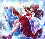  :d ascot bird bow breasts brown_eyes brown_hair cloud detached_sleeves feathers frilled_skirt frills hair_bow hair_tubes hakurei_reimu large_breasts long_hair midriff navel open_mouth ribbon-trimmed_sleeves ribbon_trim satoji_(ochanomkmskry) see-through shoes skirt sky smile socks solo sun touhou transparent wide_sleeves 