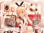  anchor blonde_hair blush earring_removed earrings elbow_gloves gloves hairband jewelry kantai_collection kedama_keito lifebuoy long_hair mirror mouth_hold putting_on_jewelry reflection rensouhou-chan revision shimakaze_(kantai_collection) solo white_gloves 
