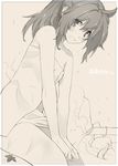  blush flat_chest grin highres isizuaki leaf looking_at_viewer monochrome naked_towel open_mouth ragnarok_online smile solo spica_parfait towel wet 