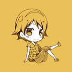  :&gt; alternate_costume blush casual chibi commentary contemporary hair_ornament hairband heart heart_hair_ornament hiei_(kantai_collection) kantai_collection kouji_(campus_life) looking_at_viewer lowres monochrome short_hair simple_background sitting smile solo yellow 
