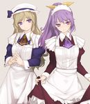  alternate_costume blonde_hair bow enmaided hair_bow hat long_hair maid maid_headdress multiple_girls ponytail purple_eyes purple_hair rokuwata_tomoe simple_background skirt skirt_lift standing touhou watatsuki_no_toyohime watatsuki_no_yorihime 