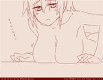  beige_background breast_press breasts hanging_breasts large_breasts looking_at_viewer lying monochrome on_stomach oomune_binta short_hair simple_background solo tegaki_draw_and_tweet translation_request twitter_username upper_body 