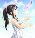  artist_name black_hair breasts candide chitanda_eru cleavage cloud cloudy_sky dress feathers hyouka long_hair ponytail profile purple_eyes sky smile white_dress 