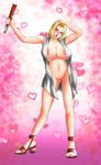  1girl areola_slip areolae blonde_hair breasts daniel_ortega_mompean fan female heart large_breasts makeup naruto open_clothes open_mouth pussy sandals solo tsunade uncensored yellow_eyes 