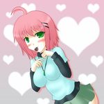  blush breasts chocolate chocolate_heart green_eyes hands_on_own_chest heart holding large_breasts looking_at_viewer original pink_hair short_hair smile solo yani_tama 