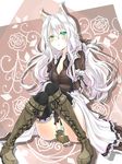  animal_ears azuuru boots braid breasts cleavage cross-laced_footwear dog_ears fingerless_gloves gloves green_eyes highres lace lace-trimmed_thighhighs lace-up_boots medium_breasts original solo thighhighs white_hair 