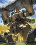  arms_up blue_sky boulder bridge cloud day destruction english glowing glowing_eyes golem looking_at_viewer monster no_humans orange_eyes outdoors rock ruins runes sky standing takayama_toshiaki watermark 