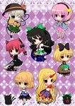  :3 animal_ears arm_warmers bird black_hair black_wings blonde_hair bow braid bucket cape cat cat_ears cat_tail chain checkered checkered_background chibi cup dress everyone eyeball green_eyes green_hair hair_bobbles hair_bow hair_ornament hairband hat heart heart_of_string horn hoshiguma_yuugi in_bucket in_container kaenbyou_rin kaenbyou_rin_(cat) kayama_benio kisume komeiji_koishi komeiji_satori kurodani_yamame long_hair mizuhashi_parsee multiple_girls multiple_tails one_eye_closed open_mouth pink_hair pointy_ears polka_dot polka_dot_background ponytail purple_eyes red_eyes red_hair reiuji_utsuho reiuji_utsuho_(bird) ribbon sakazuki scarf short_hair skirt smile subterranean_animism tail third_eye touhou twin_braids twintails wheelbarrow wings 