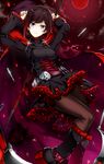  arms_up black_footwear blush boots brown_hair brown_legwear cape cross cross-laced_footwear dress highres holding holding_weapon koko_shiguma lace-up_boots looking_at_viewer moon pantyhose petals ruby_rose rwby scythe short_hair smile solo star weapon 