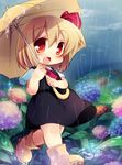  ascot blonde_hair boots cloud cloudy_sky fang flower hair_ribbon highres hydrangea looking_at_viewer matatabi_(nigatsu) open_mouth rain red_eyes ribbon rubber_boots rumia shirt short_sleeves skirt skirt_set sky smile solo touhou umbrella vest walking 