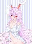  animal_ears arm_support bare_shoulders bottomless breasts bunny_ears cleavage collarbone dress_shirt finger_to_mouth large_breasts lavender_hair long_hair long_sleeves looking_at_viewer misumo naked_shirt navel no_bra off_shoulder on_bed pink_hair red_eyes reisen_udongein_inaba shirt sitting slit_pupils solo striped striped_background touhou vertical-striped_background vertical_stripes very_long_hair 