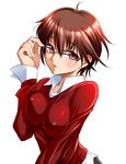  blush breasts brown_hair covered_nipples funnyari glasses kagura_izumi large_breasts looking_at_viewer red_eyes short_hair solo yoru_ga_kuru! 