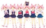  ;d arm_up back_bow bad_id bad_pixiv_id bare_legs bishoujo_senshi_sailor_moon blue_sailor_collar blue_skirt bow brooch chibi_usa costume_chart double_bun full_body hands_on_hips jewelry luna-p multiple_girls multiple_persona one_eye_closed open_mouth pink_hair pleated_skirt red_eyes red_sailor_collar sailor_collar saki_(hxaxcxk) school_uniform serafuku shoes short_hair skirt smile socks standing twintails white_background white_sailor_collar 