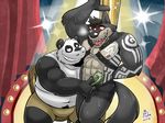  abs anthro bear beard belly biceps big_muscles black_fur bulge canine chair chubby clothing duo facial_hair fur gay grin harness leather male mammal money muscles nipples panda pecs pole shirt shorts sitting smile stripper stripper_pole sweat takataka tank_top tattoo teeth tongue tongue_out white_fur wolf 
