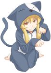  animal_costume animal_ears bad_id bad_pixiv_id blonde_hair blush iguchi_(strawmat) ikkyuu_tensai long_hair looking_at_viewer orange_eyes pajamas paw_pose ryuugajou_nanana_no_maizoukin sitting smile solo tail wariza 