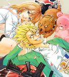  1girl anezaki_mamori animal blazer blonde_hair blue_eyes brown_hair cerberus_(eyeshield_21) collar dog earrings eyeshield_21 fetal_position football_helmet grin gun helmet hiruma_youichi jacket jewelry kneehighs lying manga_(object) multiple_earrings on_back on_side pointy_ears school_uniform short_hair skirt smile spiked_collar spiked_hair spikes stuffed_animal stuffed_toy teddy_bear ueda-pix weapon 