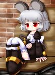  alternate_costume animal_ears bad_id bad_pixiv_id bench blush boots casual cocozasa grey_hair highres mouse_ears mouse_tail nazrin red_eyes sitting smile solo tail thighhighs touhou white_legwear 