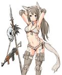  animal_ears animal_skull arms_up assault_rifle bare_shoulders bodypaint bone breasts cleavage collarbone facepaint facial_mark fake_animal_ears fur_trim gun hairband hakuaki knife medium_breasts midriff milizian! navel original polearm rifle simple_background skull solo spear standing tattoo teeth weapon white_background 