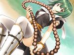  alternate_costume beads brown_eyes doku_hebi green_hair idolmaster idolmaster_(classic) japanese_clothes looking_at_viewer mole mole_under_mouth otonashi_kotori prayer_beads short_hair solo thighhighs white_legwear 