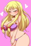  1girl blonde_hair blush bra breasts curvy doku_corne female hair_ornament highres huge_breasts long_hair panties pubic_hair purple_bra purple_panties ribbon simple_background solo standing touhou underwear underwear_only wide_hips yakumo_yukari yellow_eyes 