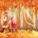  album_cover autumn blonde_hair blue_eyes boots bow brown_eyes brown_hair cover dress forest gap hair_bow hat highres holding_hands kokonoha_mikage leaf long_hair maple_leaf maribel_hearn multiple_girls nature ribbon scarf short_hair skirt touhou usami_renko 