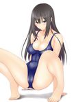  arm_support barefoot black_hair blush breasts bursting_breasts cameltoe covered_nipples grey_eyes large_breasts long_hair looking_at_viewer muffin_(sirumeria) original shiny simple_background solo spread_legs swimsuit undersized_clothes white_background 