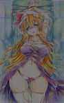  absurdres bdsm blonde_hair blush bondage bound breasts colored_pencil_(medium) hat highres large_breasts long_hair nichibotsu_(kitaziman) open_mouth panties pee peeing peeing_self rope solo tears thighhighs torn_clothes torn_legwear touhou traditional_media underwear watatsuki_no_toyohime white_legwear yellow_eyes 