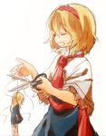  alice_margatroid blonde_hair blue_dress capelet closed_eyes cutting doll doll_joints dress hair_between_eyes hairband hinase_kaguya holding holding_scissors long_dress necktie open_mouth scissors short_hair short_sleeves solo string touhou 