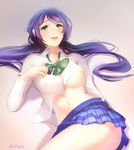  artist_name blush breasts checkered checkered_skirt green_eyes large_breasts long_hair looking_at_viewer love_live! love_live!_school_idol_project midriff navel purple_hair see-through skirt solo tida_kietsungden toujou_nozomi twintails 
