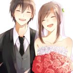  1girl bad_id bad_pixiv_id bare_shoulders bokumaru bouquet bridal_veil closed_eyes couple dress flower formal good_end hetero highres kagerou_project kisaragi_shintarou long_hair necktie older rose short_hair smile suit tateyama_ayano veil wedding_dress 