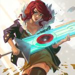  blue_eyes huge_weapon ilya_kuvshinov lips red_(transistor) red_hair solo sword the_transistor thighhighs transistor_(game) weapon 