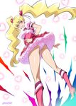  ass blonde_hair boots bow cure_peach fresh_precure! hair_ornament heart heart_hair_ornament joy_ride long_hair looking_at_viewer looking_back magical_girl momozono_love panties pantyshot pantyshot_(standing) pink_bow pink_eyes pink_footwear precure skirt solo standing twintails underwear upskirt 