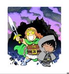  barbarian belt black_hair boots border building cape chibi city cloud fafhrd fafhrd_and_the_gray_mouser gloves gray_mouser hamada_jun'ichi hand_on_own_chin headband instrument lankhmar leg_armor lute_(instrument) monster multiple_boys no_nose open_mouth red_hair silhouette star sword weapon yellow_eyes 