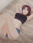  black_lagoon breasts brown_hair chro_htm cigarette denim denim_shorts large_breasts long_hair midriff on_bed ponytail revy_(black_lagoon) shorts smoking solo tattoo 