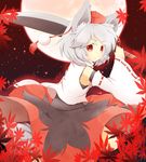  animal_ears autumn_leaves bad_id bad_pixiv_id bare_shoulders blush detached_sleeves ellipsis_(mitei) full_moon hat highres inubashiri_momiji leaf looking_at_viewer moon open_mouth pom_pom_(clothes) red_eyes red_moon shirt short_hair silver_hair skirt solo sword tail tokin_hat touhou weapon wolf_ears wolf_tail 