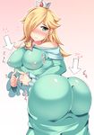  aqua_eyes ass bare_shoulders blonde_hair blush breasts covered_nipples crown dress from_behind gown hair_over_one_eye hisui_(stapspats) huge_ass impossible_clothes large_breasts long_hair looking_back mario_(series) rosetta_(mario) see-through simple_background solo super_mario_bros. super_mario_galaxy translation_request twisted_torso 