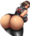  1girl artist_request ass bent_over blush boots breasts brown_eyes brown_hair elbow_gloves gloves hips huge_ass kazama_asuka looking_at_viewer looking_back panties pov pussy red_panties red_thong sideboob smile solo tekken thick_thighs thighs thong underwear unkounkounkounko wide_hips 