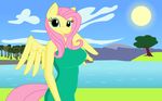  big_breasts breasts cloud day dnantti dnantti_(artist) dress equine female fluttershy_(mlp) friendship_is_magic grass hair lake long_hair mammal mountain my_little_pony outside pegasus pink_hair smile solo sun teal_eyes tree water wings yellow_body 
