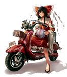  black_eyes black_hair bow box detached_sleeves donation_box dress gohei ground_vehicle hair_bow hair_tubes hakurei_reimu headwear_removed helmet helmet_removed highres long_sleeves looking_at_viewer motor_vehicle red_dress ruukii_drift scooter shadow simple_background solo touhou white_background wide_sleeves yin_yang 