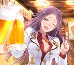  beer_mug blush bouncing_breasts breasts cleavage cup food holding holding_cup jun'you_(kantai_collection) kantai_collection large_breasts long_hair long_sleeves one_eye_closed open_mouth pov pov_hands purple_eyes purple_hair smile sparkling_eyes tsukino_wagamo upper_body very_long_hair 
