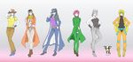  dio_brando dog genderswap genderswap_(mtf) highres iggy_(jojo) jean_pierre_polnareff jojo_no_kimyou_na_bouken joseph_joestar kakyouin_noriaki kiririn_(kumasora1005) kuujou_joutarou long_coat mohammed_avdol multiple_girls 