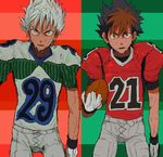  bad_id bad_pixiv_id ball belt black_hair brown_eyes brown_hair clothes_writing eyeshield_21 football football_(object) football_uniform gloves green_eyes kaitani_riku kobayakawa_sena looking_at_viewer male_focus multicolored_hair multiple_boys number shoulder_pads simple_background spiked_hair sportswear standing striped striped_background sweat two-tone_hair white_hair yuzumisuzu 