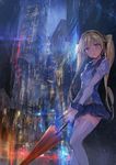  blonde_hair blue_eyes city cityscape closed_umbrella hairband lm7_(op-center) long_hair looking_at_viewer open_mouth original rain school_uniform serafuku sketch solo thighhighs twintails umbrella white_legwear zettai_ryouiki 